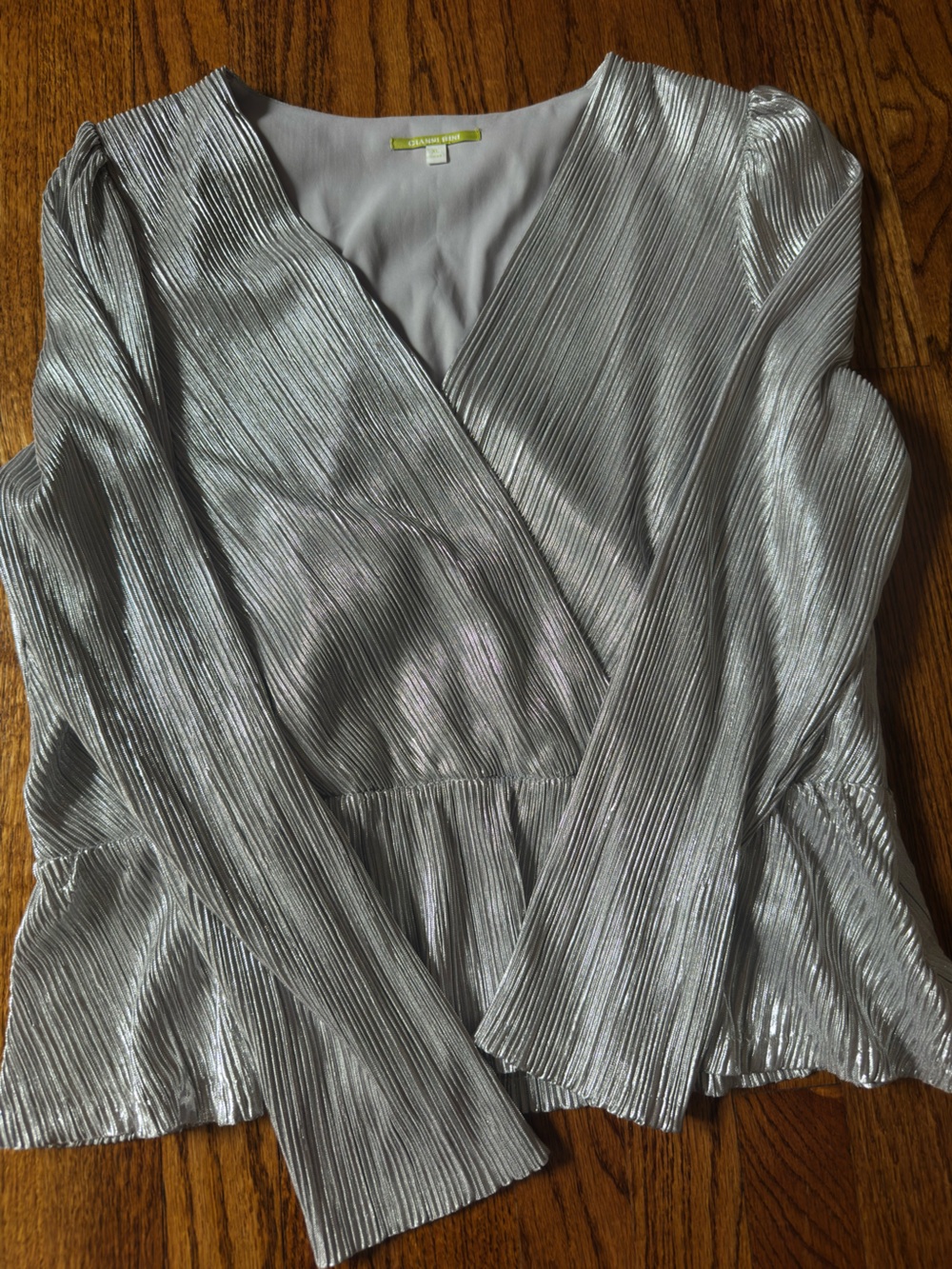 Gianni Bini Metallic Silver Pleated Peplum Top